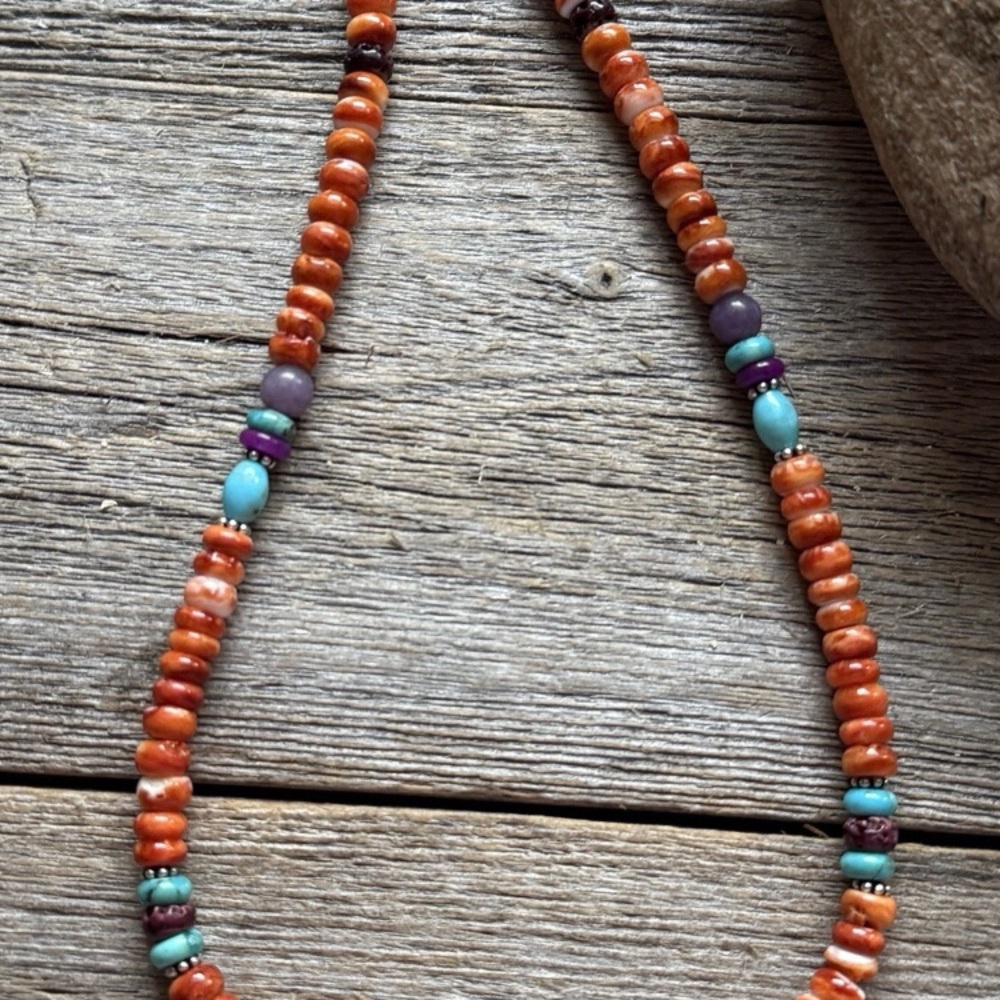 Orange Spiny Oyster Multi Stone Color Sterling Silver Bead Necklace 18 inch Gift - Picture 8 of 12